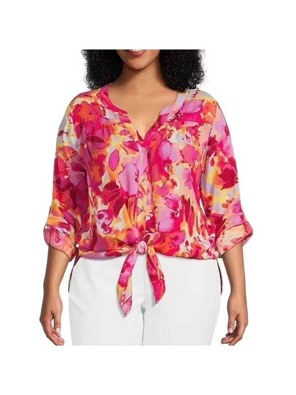 Figueroa & Flower Roxy Floral Print Banded V-Neck Roll-Tab Sleeve Button Front